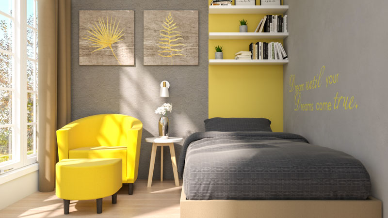 Grey and Yellow Small Bedroom with Couch