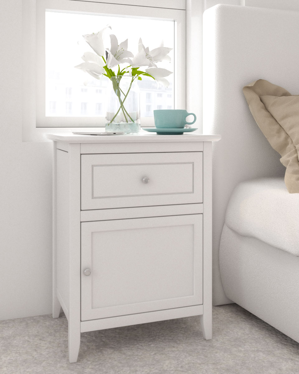 Wood nightstand table with white finish for small bedroom