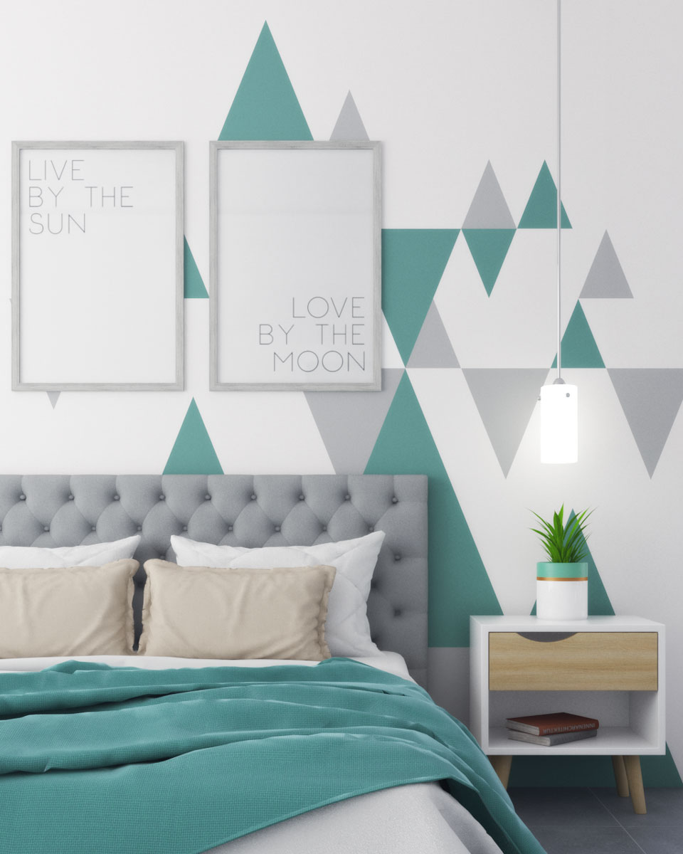 Geometric triangle style teal and gray wall paint ideas