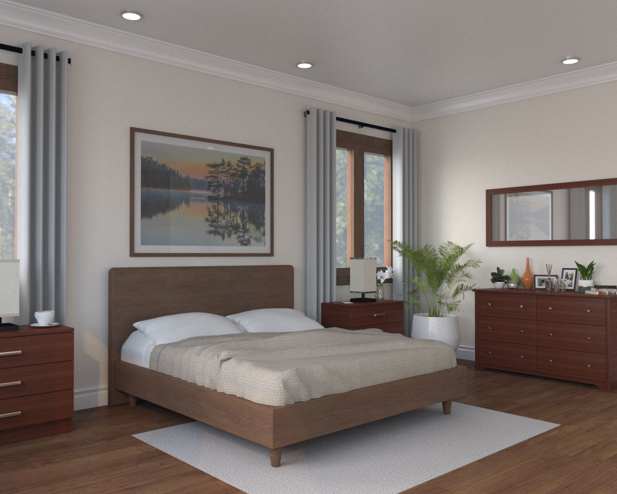 beige bedroom with brown furniture