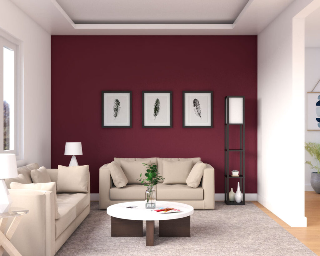 burgundy accent wall in living room