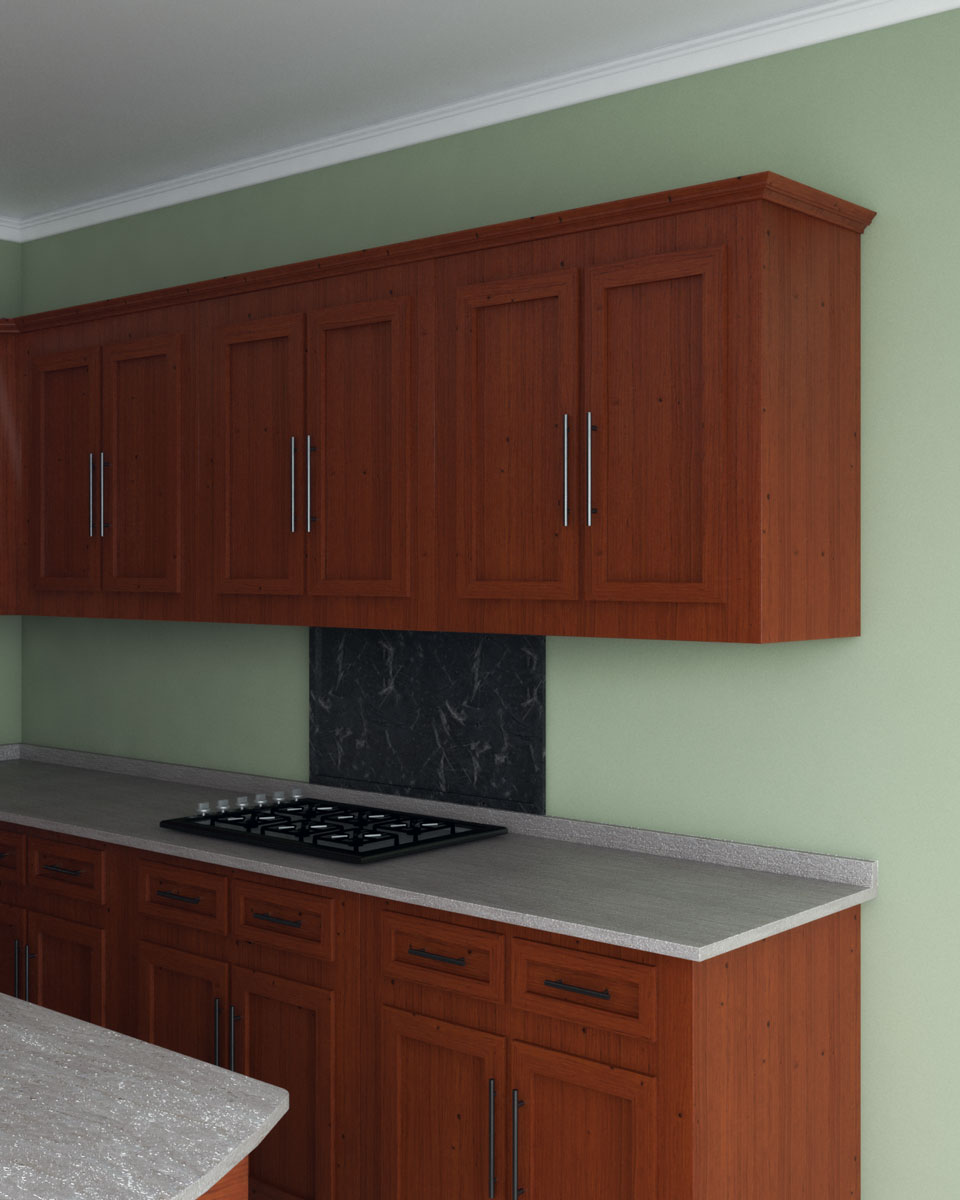 Olive wall with cherry cabinets