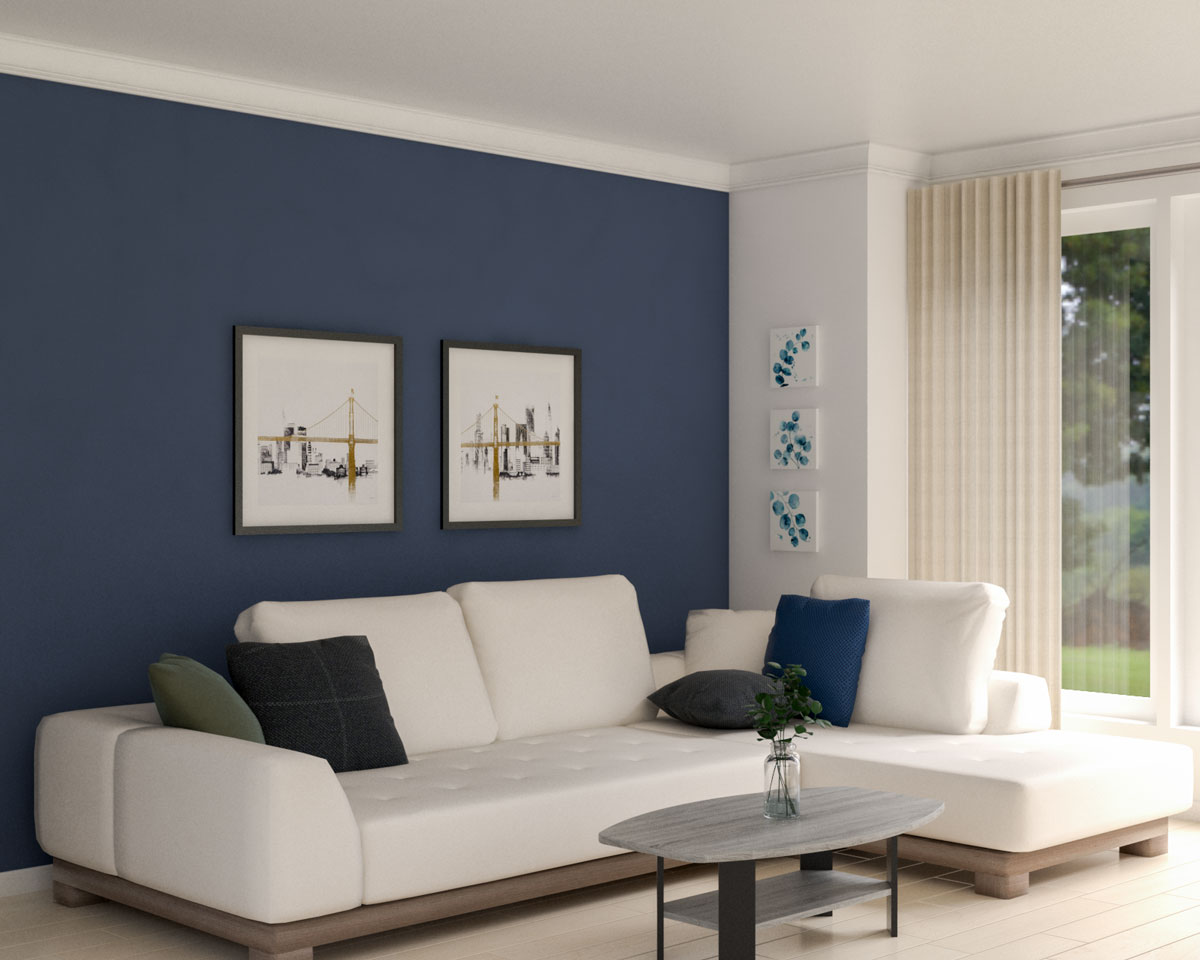 blue accent wall in living room