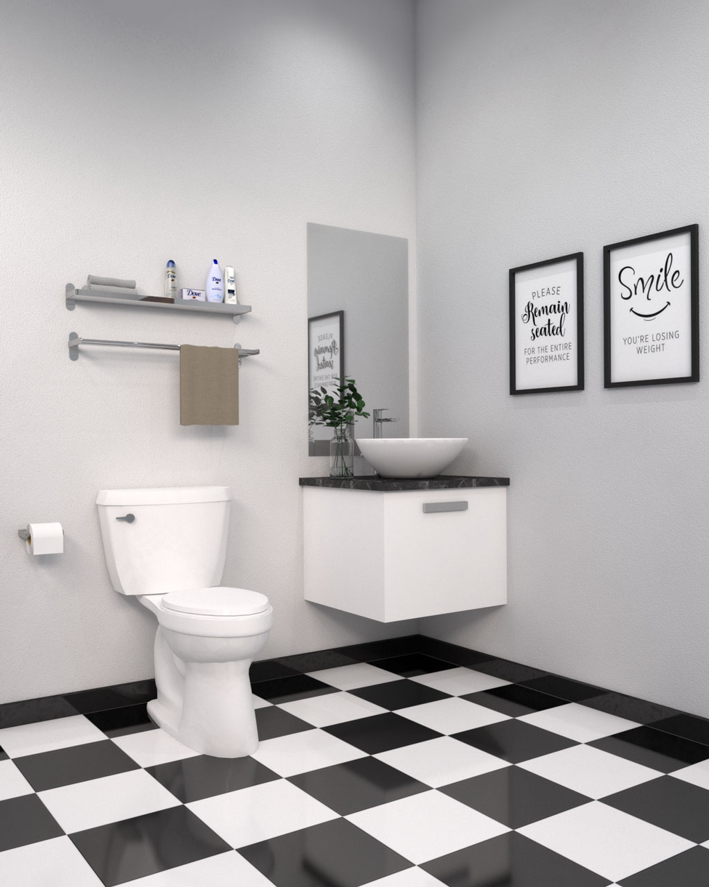 Black and white tile with white walls in bathroom