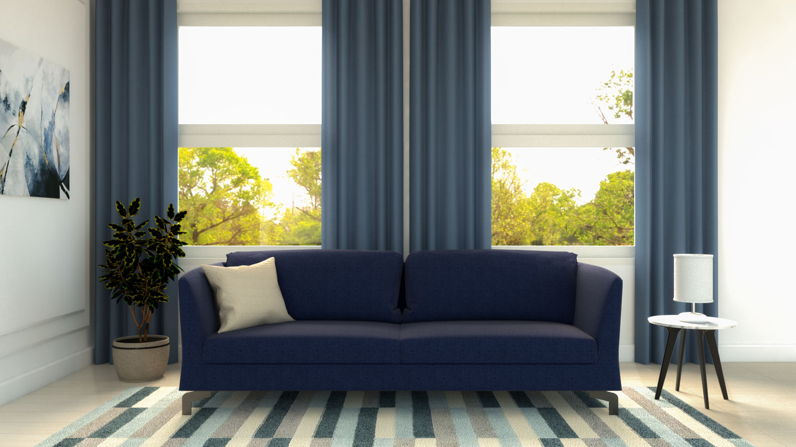 living room blue curtains