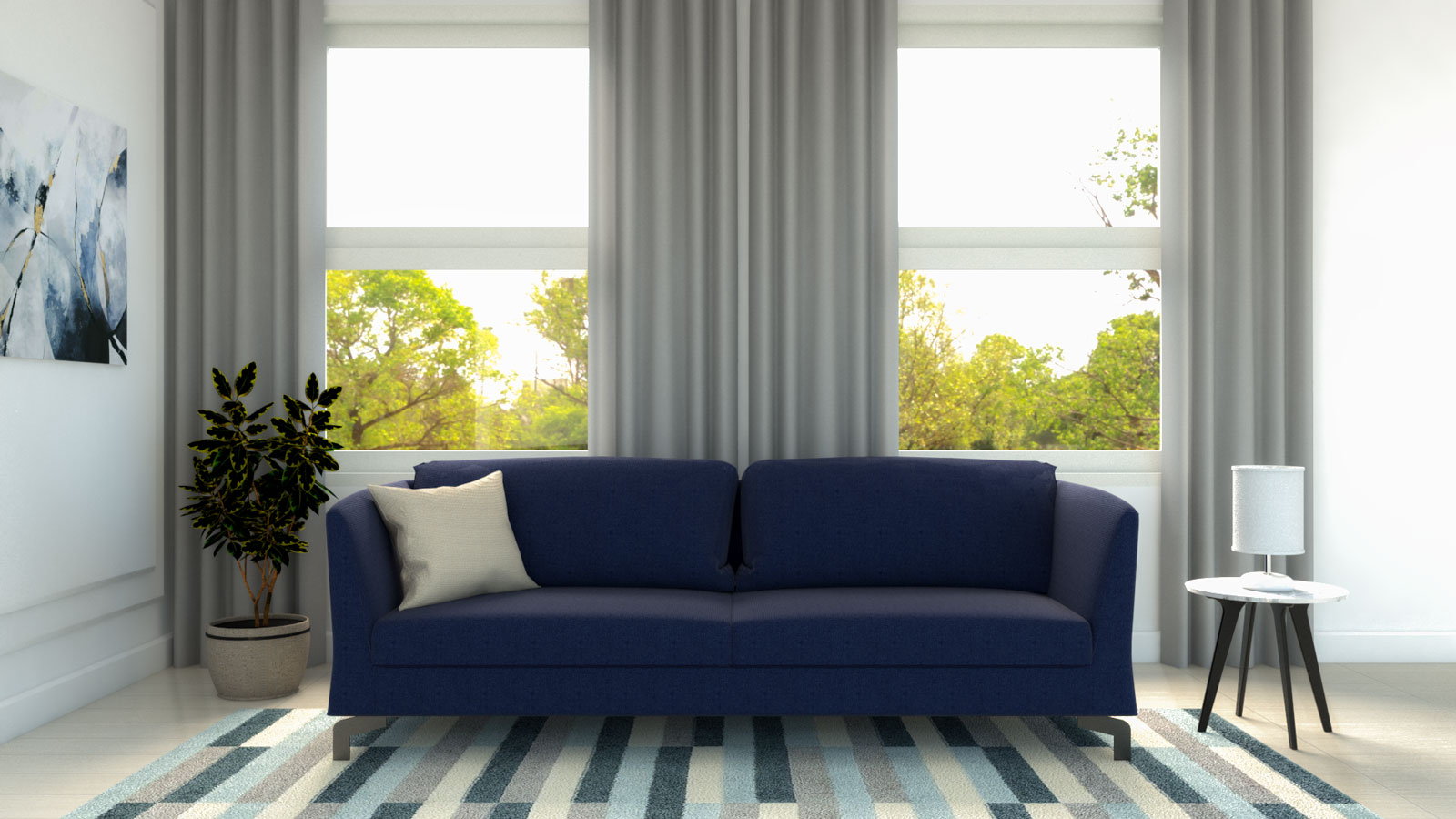 Light gray curtains with blue couch