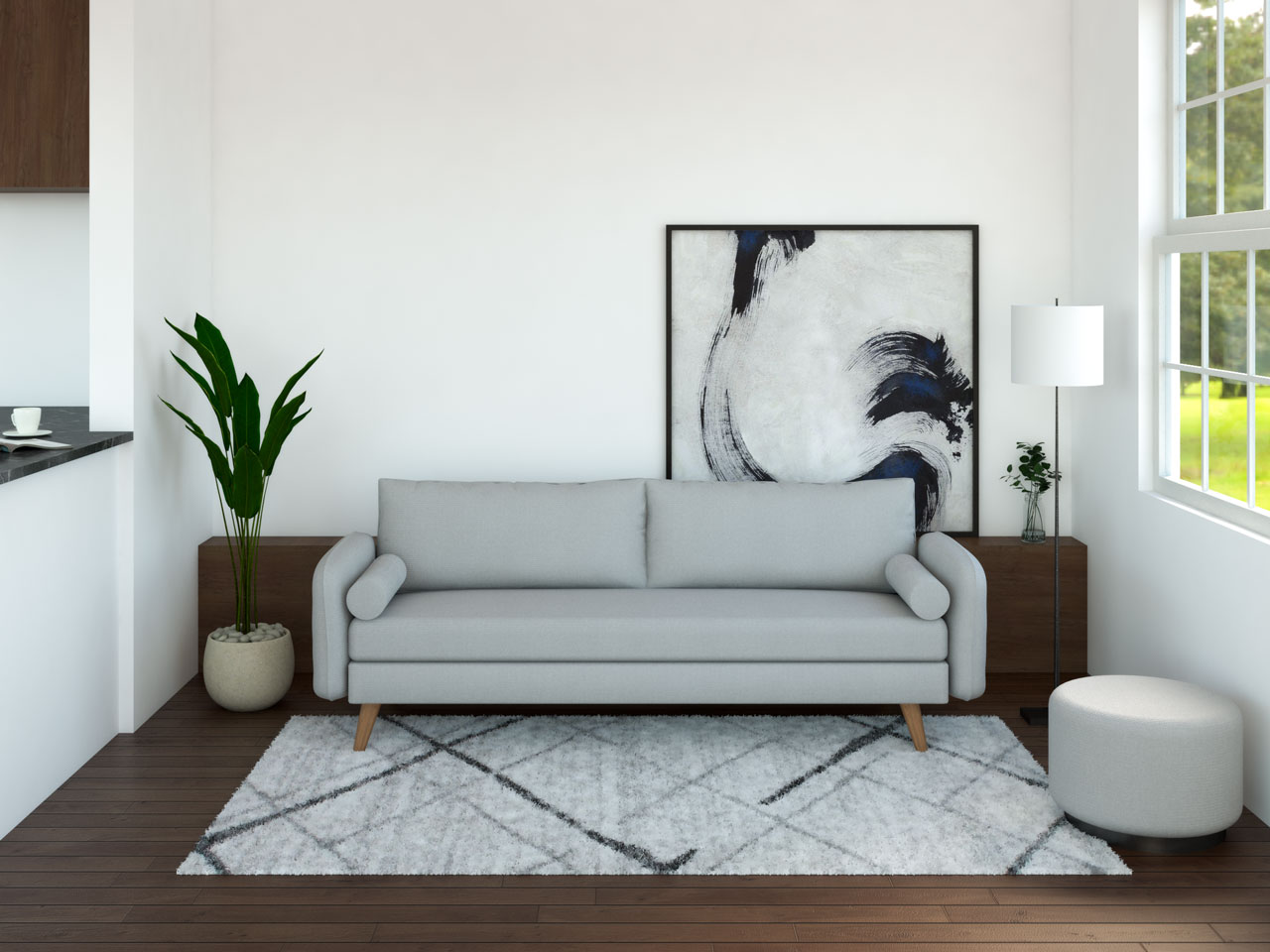 Light Gray Furniture With Dark Hardwood Floors 