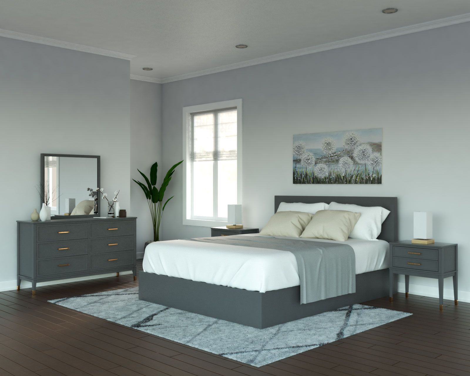 bedroom gray walls colorful furniture