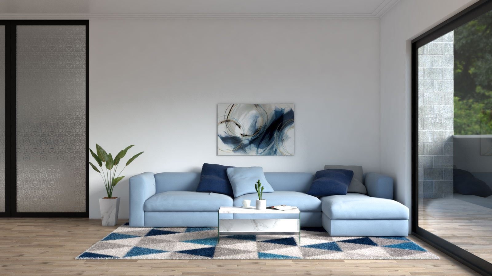 Living spaces with blue sofa and navy pillow