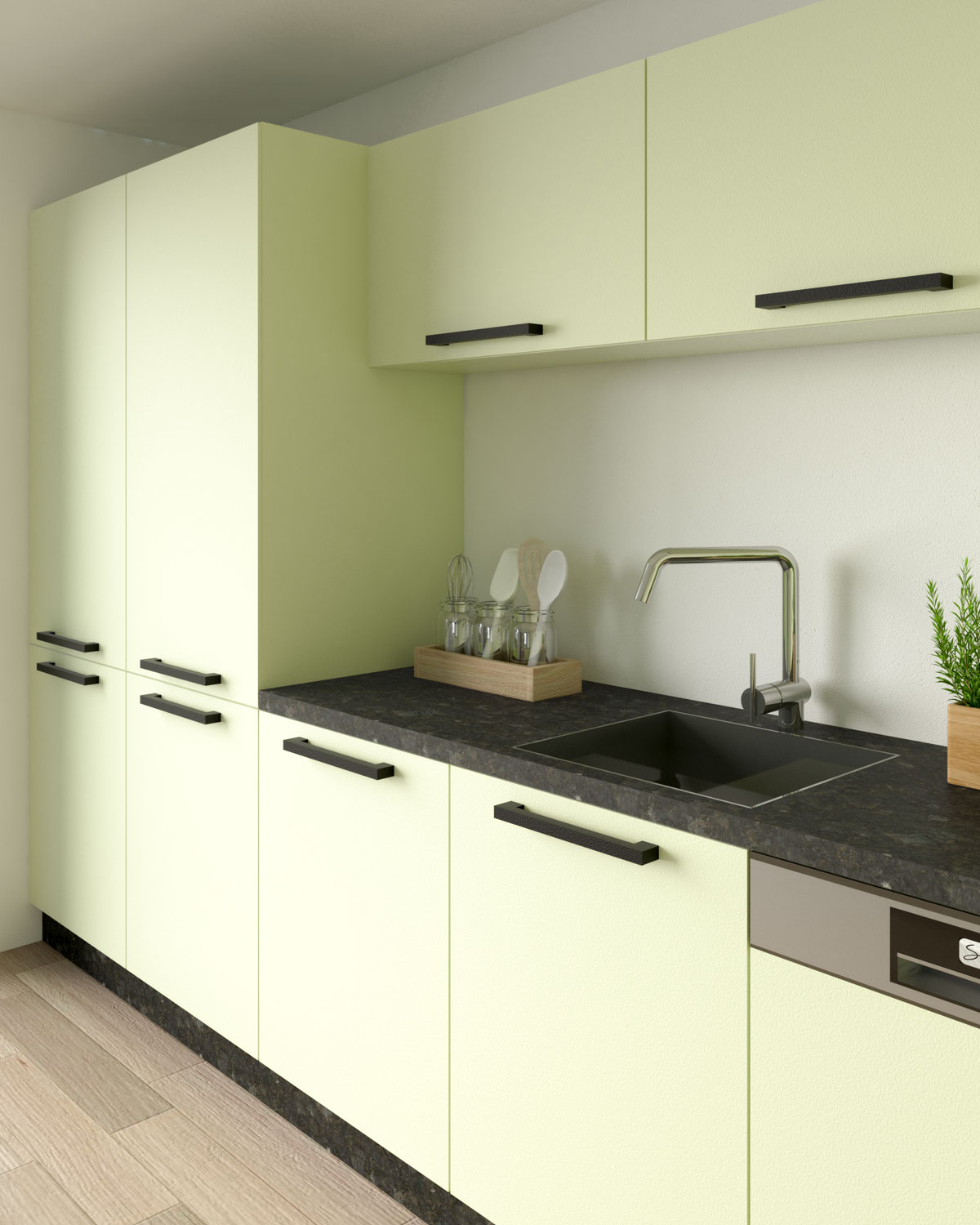 Sour apple kitchen cabinets with black granite countertops