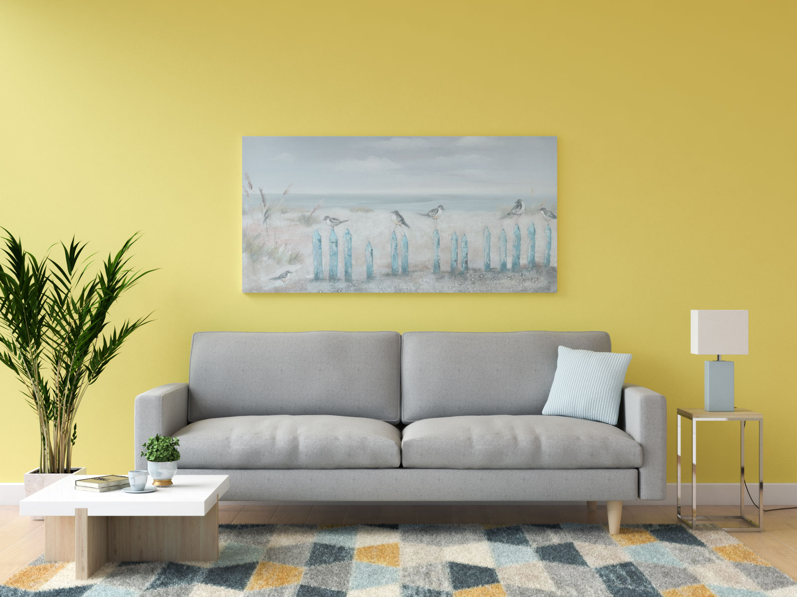 Yellow walls with light blue decoration