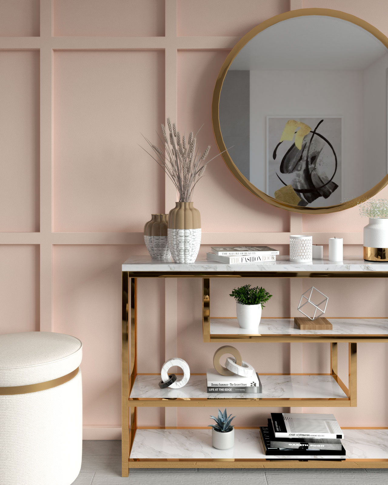 Blush wall with gold decor