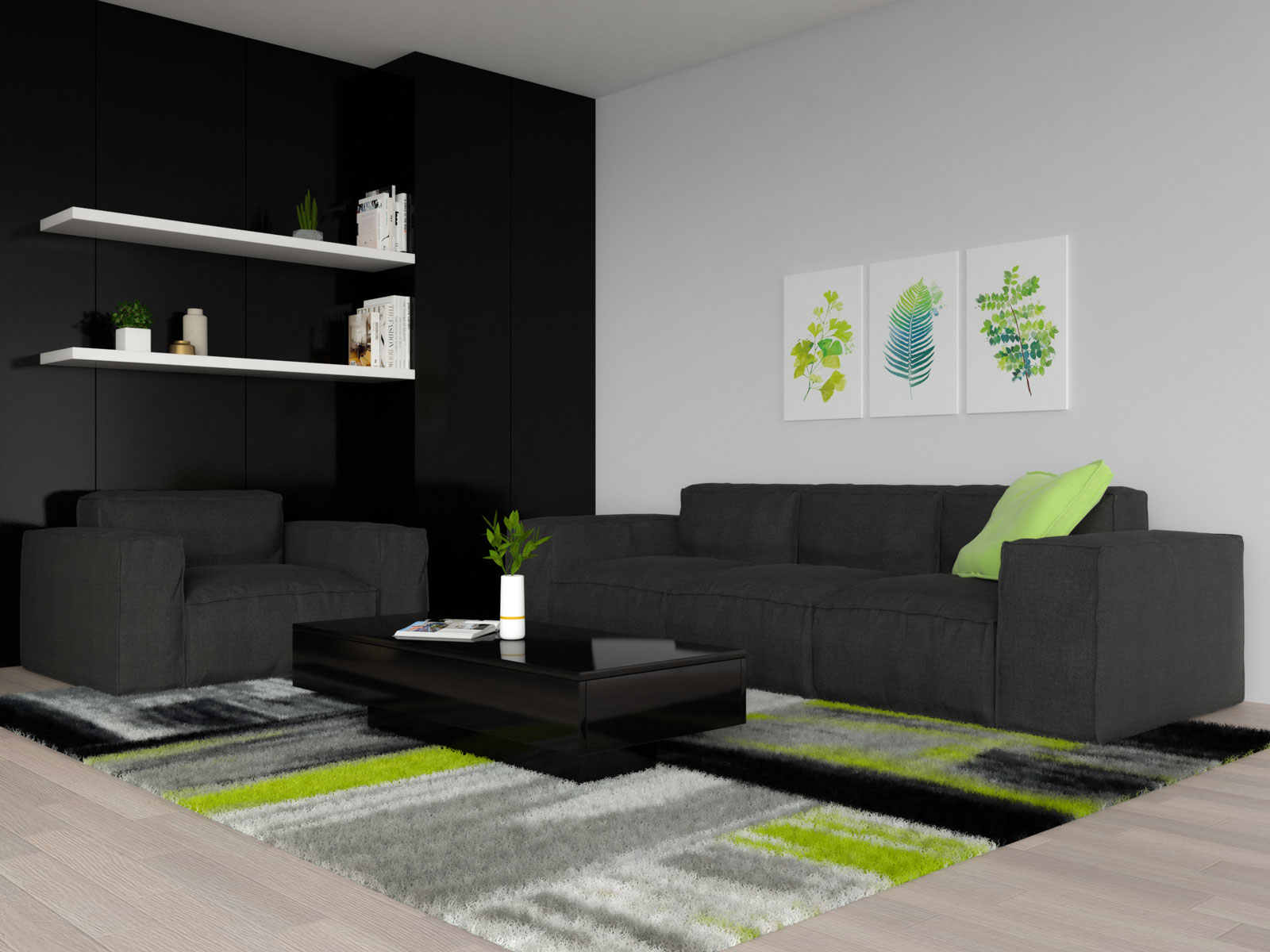 lime greenwalls black furniture living room