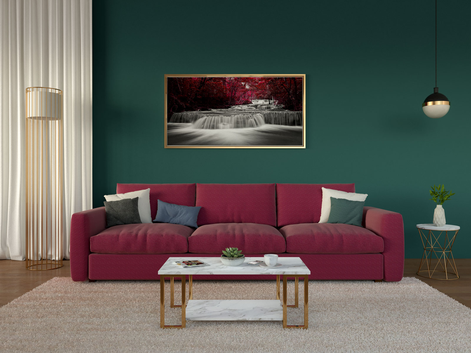 Burgundy sofa with dark teal wall