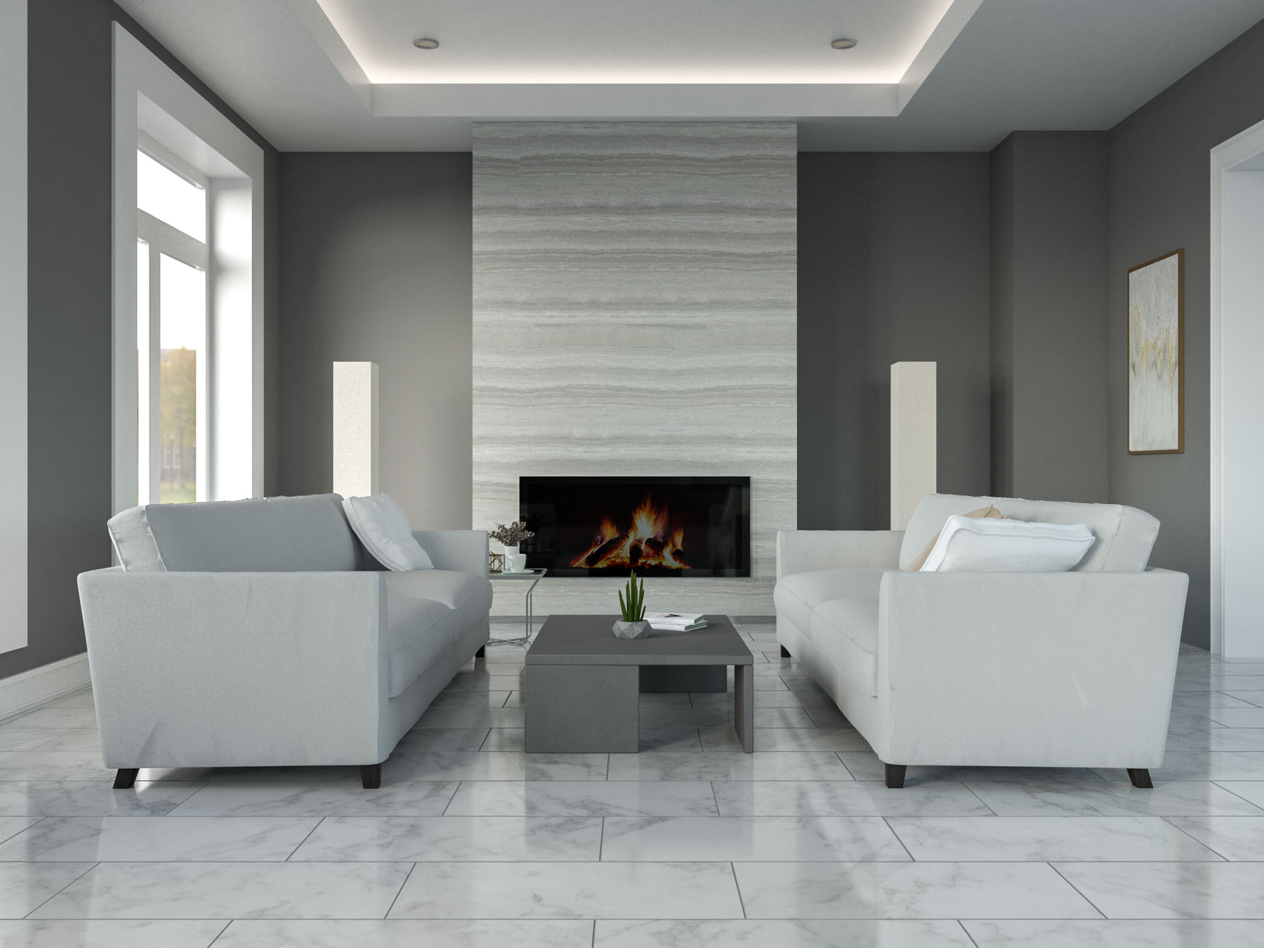 Gray living room with white marble flooring