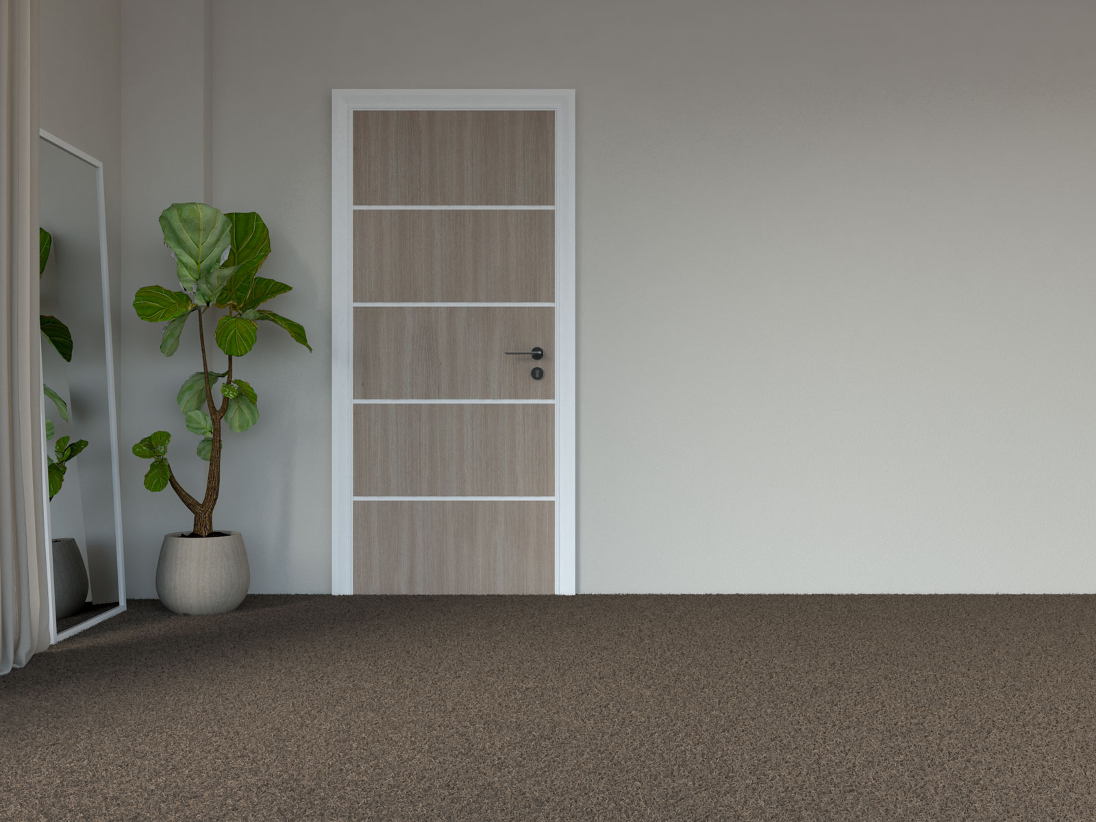 Light tan wall with dark brown carpet flooring