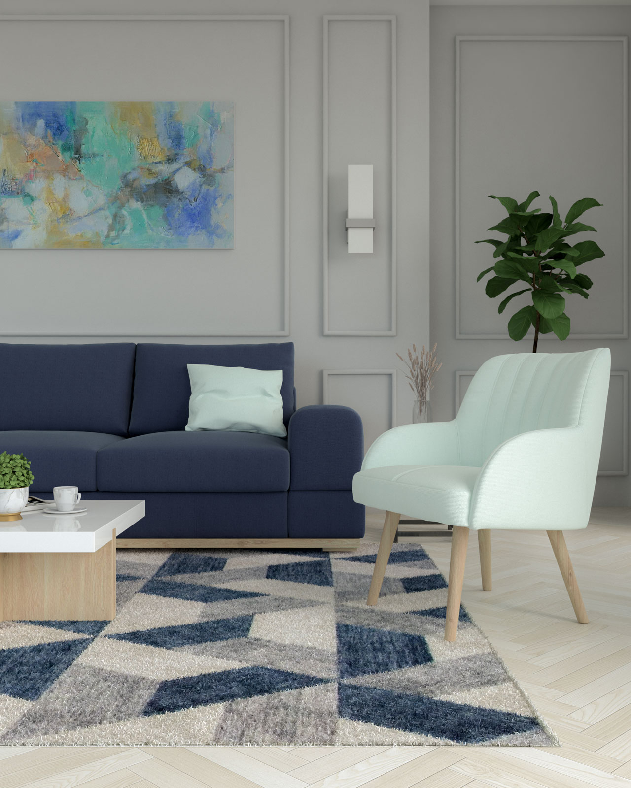 Living room with blue sofa and mint chair