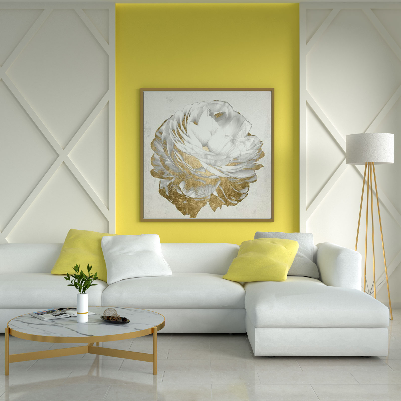 Yellow, white, and gold living room ideas
