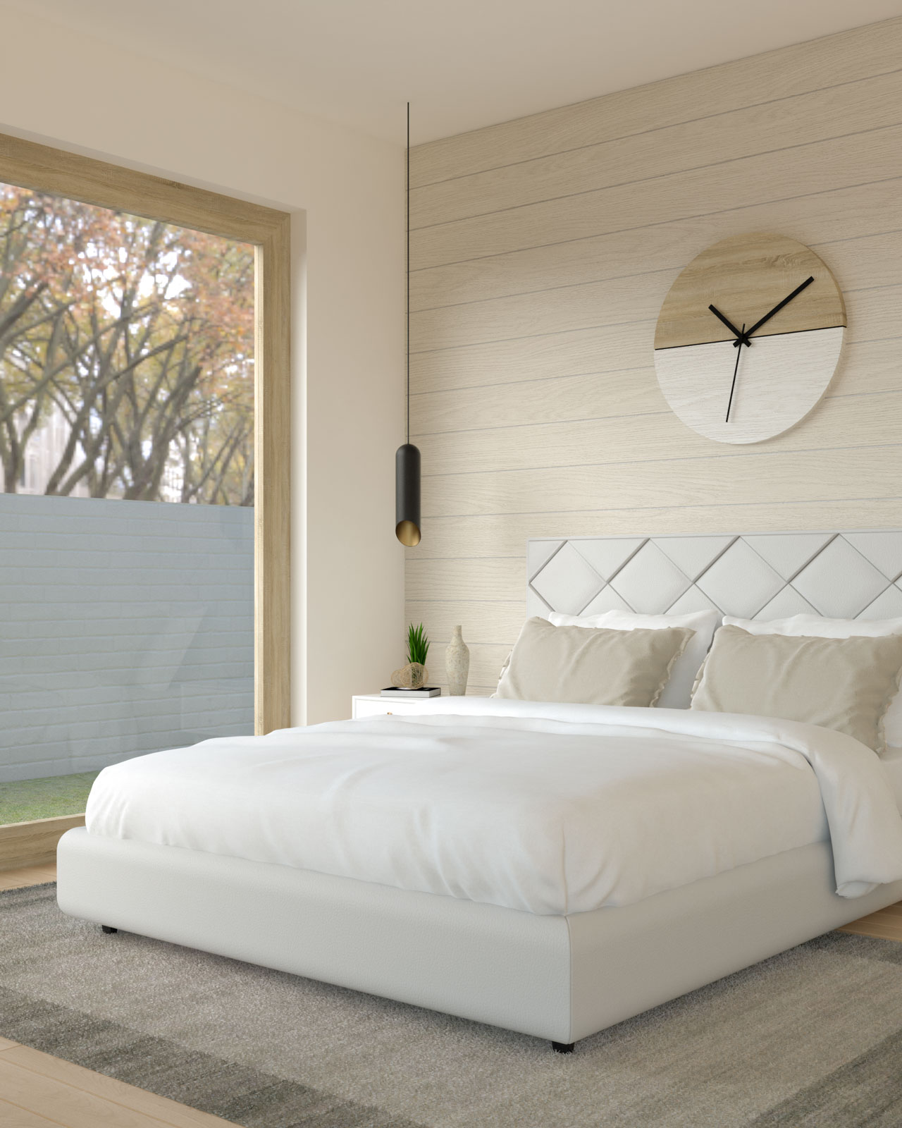 Bedroom with beige shiplap wall