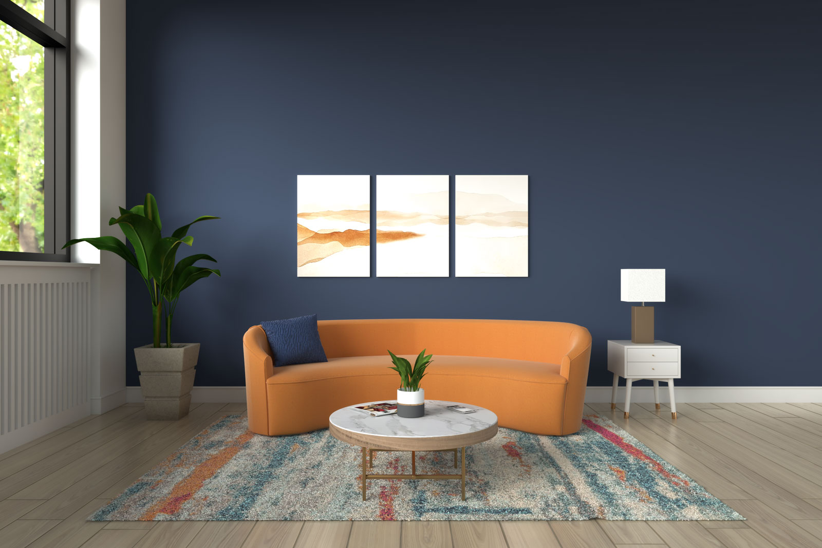 Orange couch with blue wall