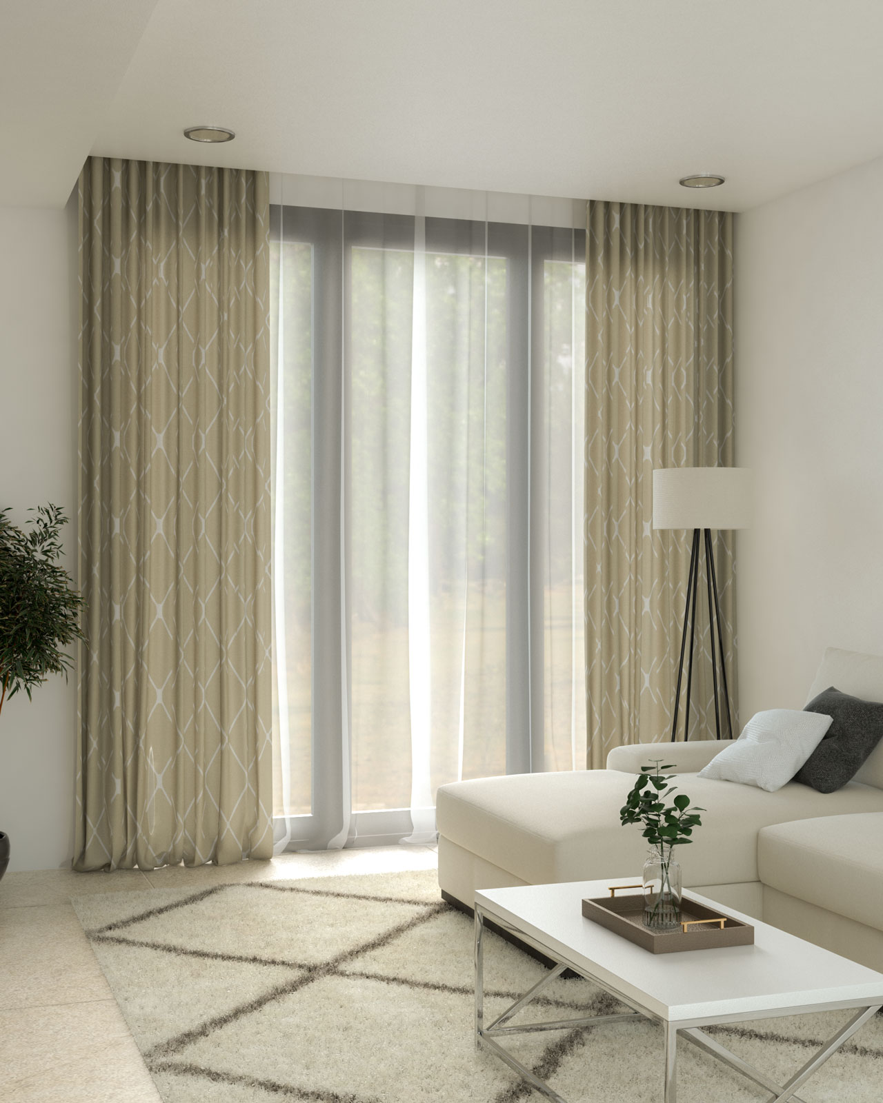White walls with beige and white curtains