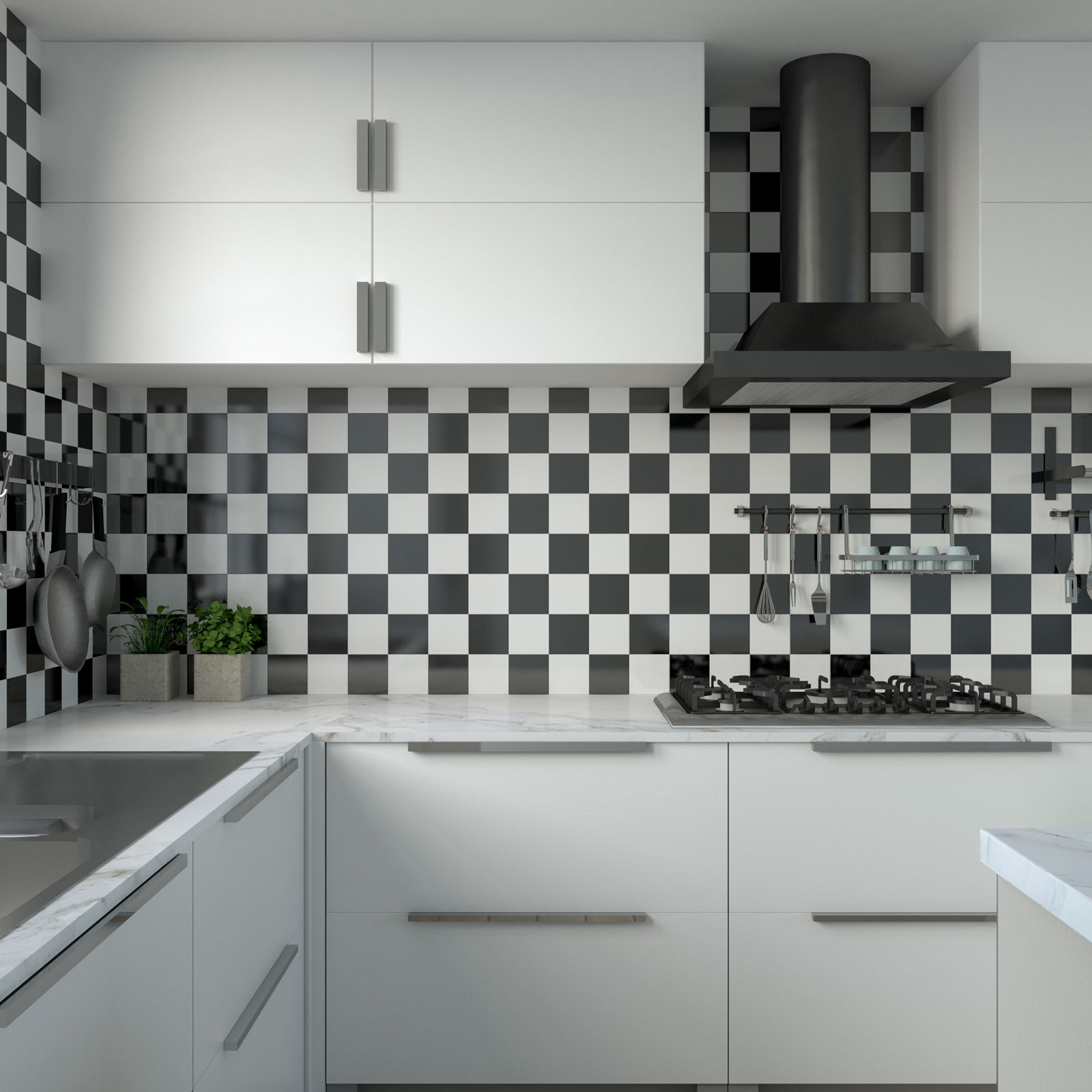 Kitchen ideas with white cabinets and black and white checkerboard backsplash