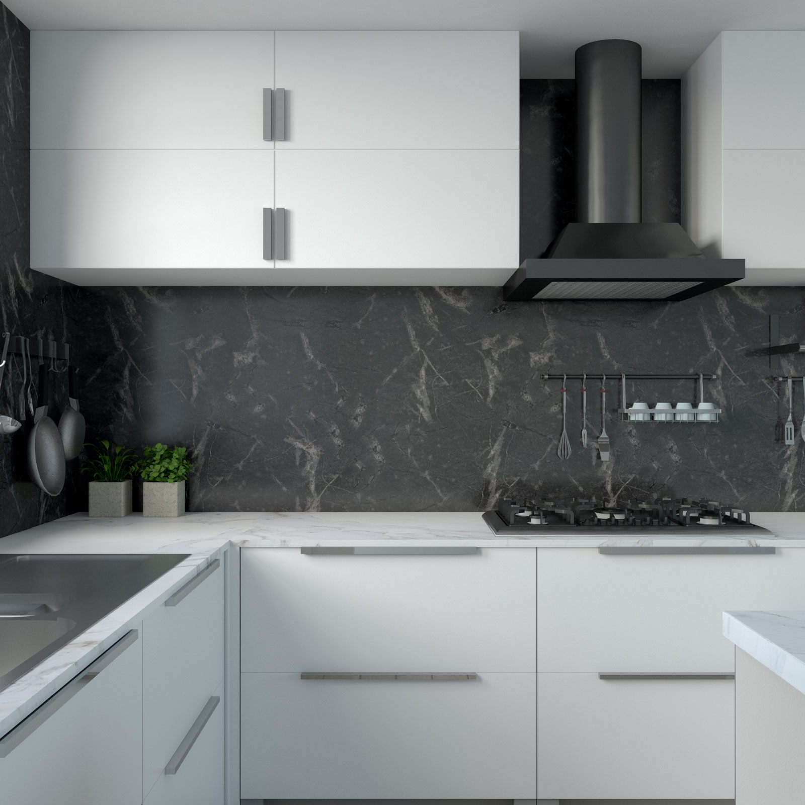 Kitchen ideas with white cabinets and black marble backsplash