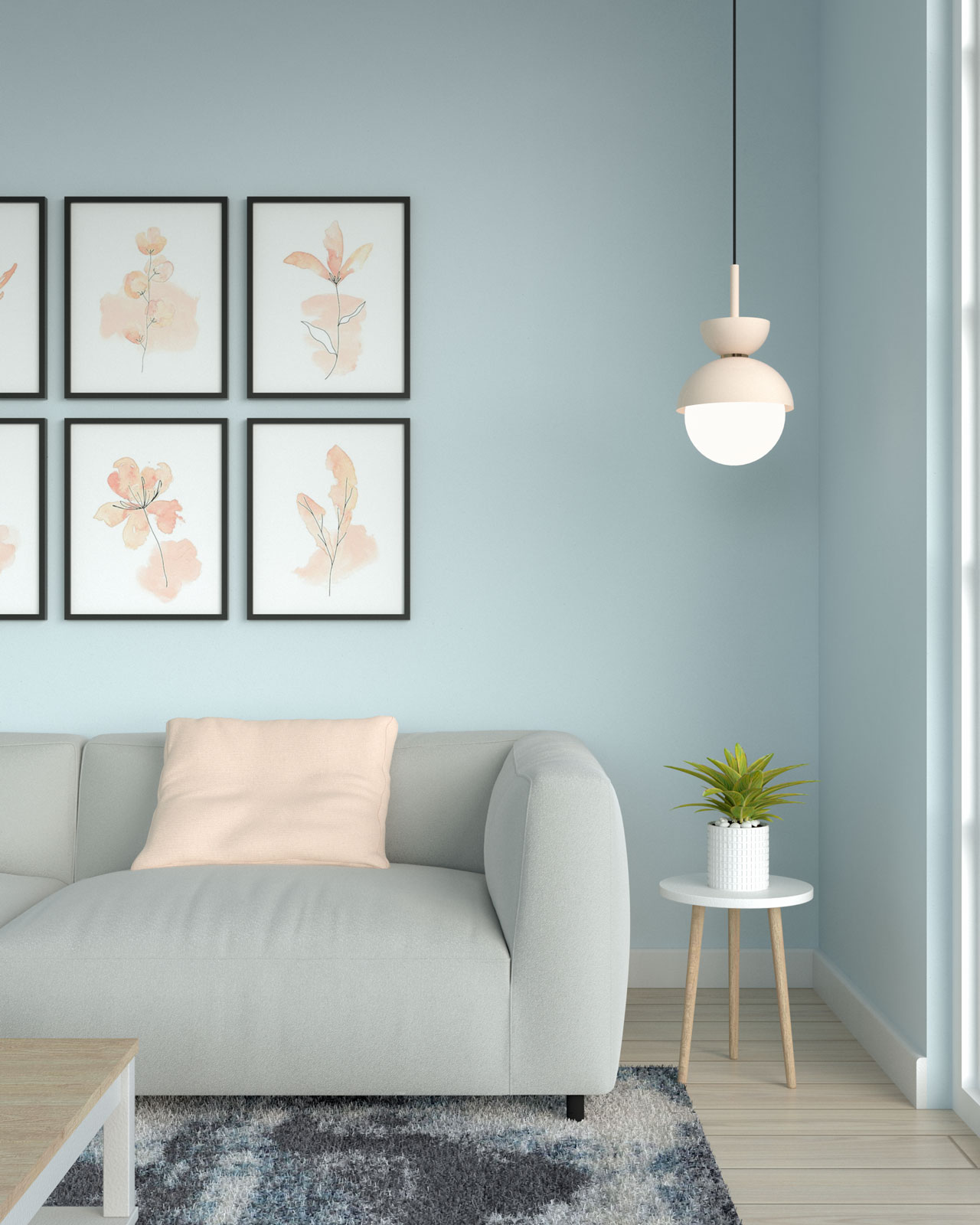 Light blue wall with peach accents