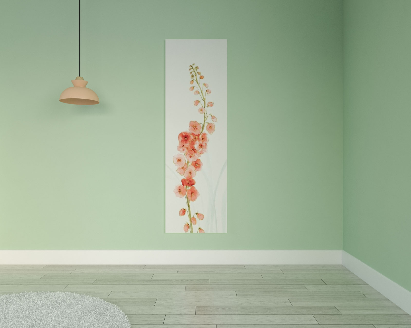 Light green wall with coral accents