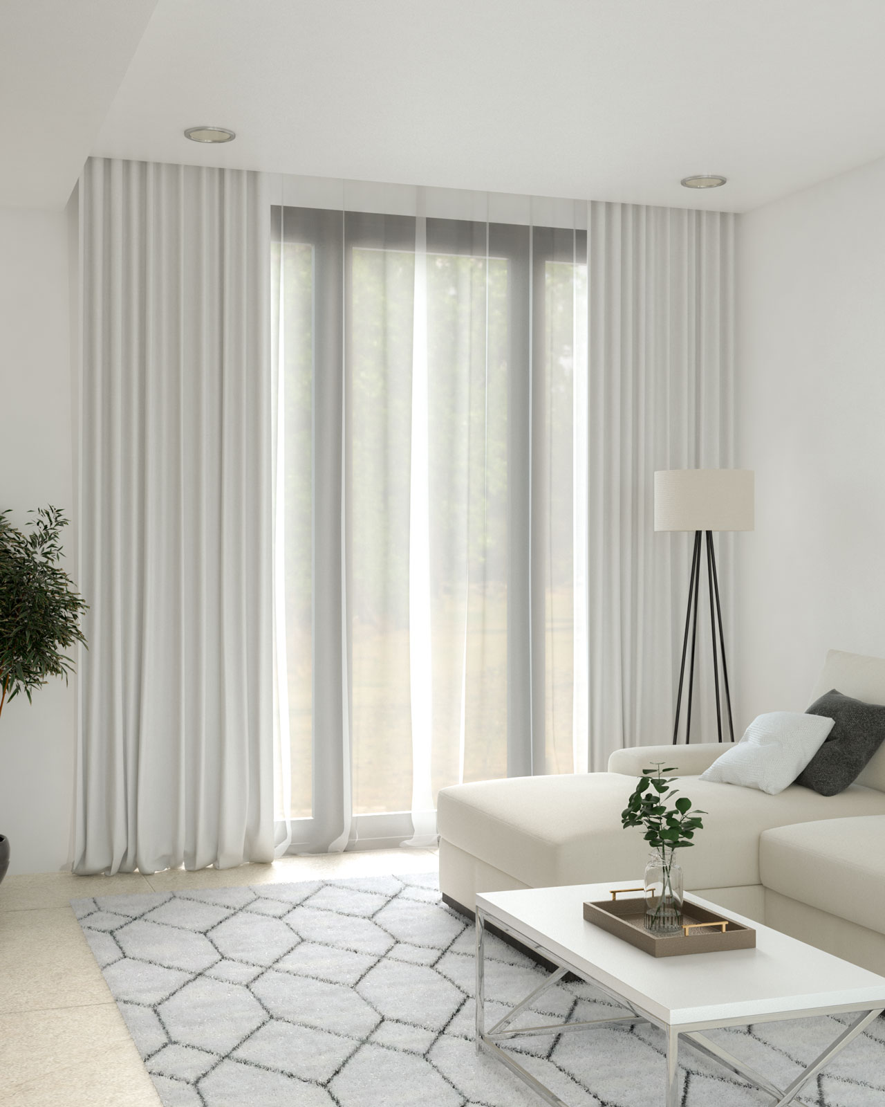 gray walls with white curtains