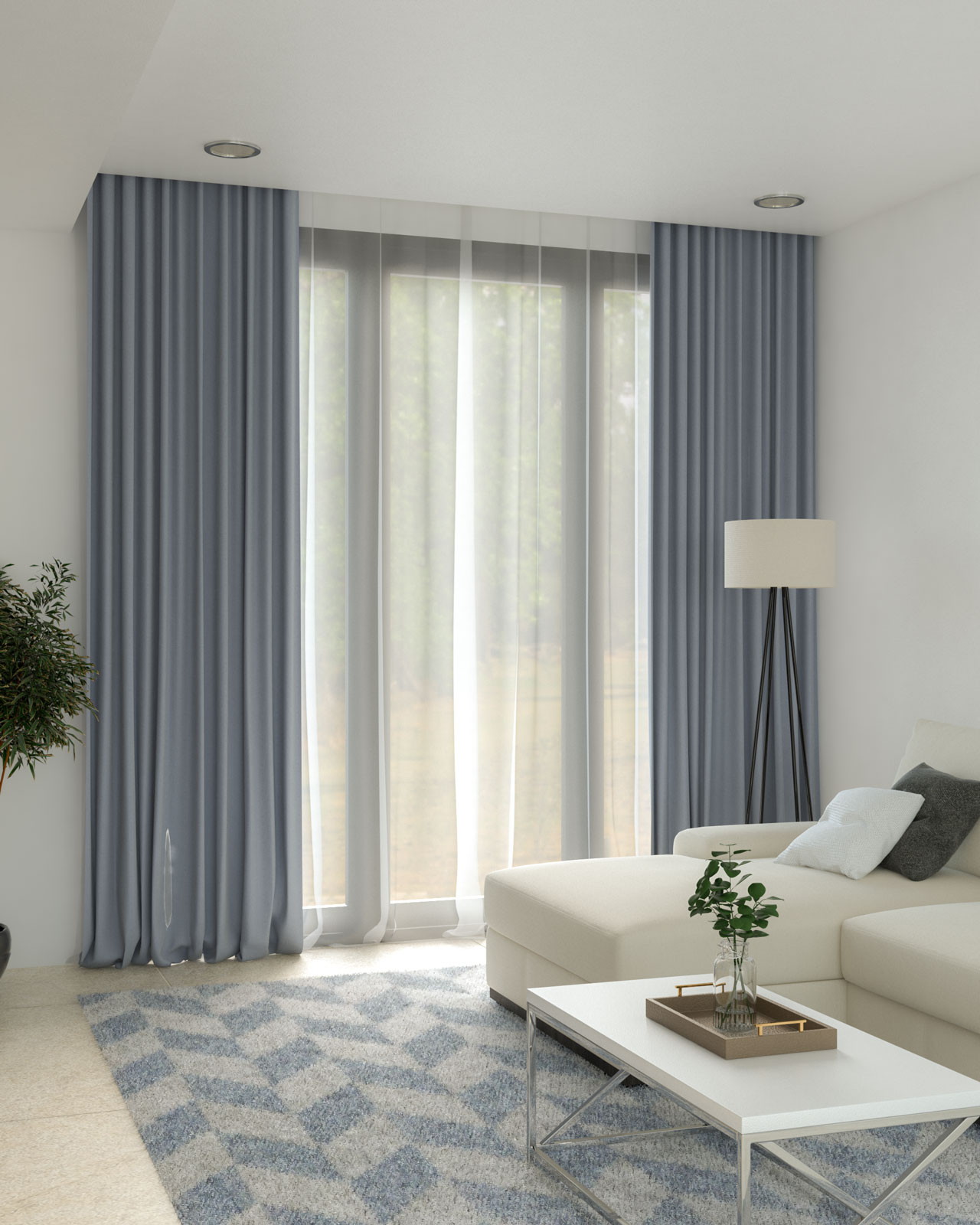 White Wall With Muted Blue Curtains 