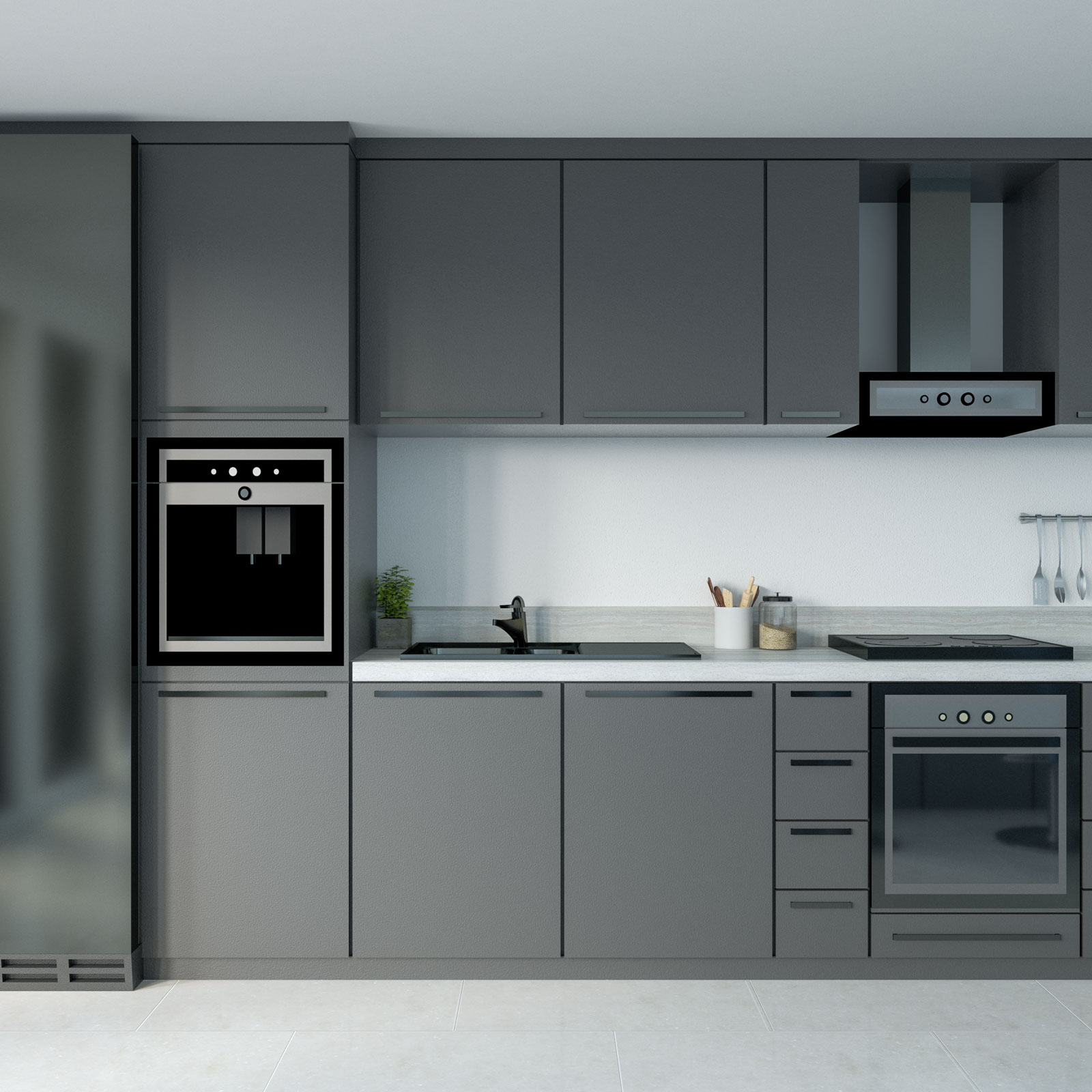 Charcoal cabinets with black kitchen appliances