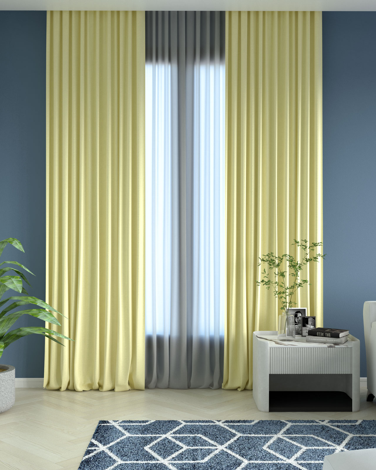 Light yellow curtains with blue wall