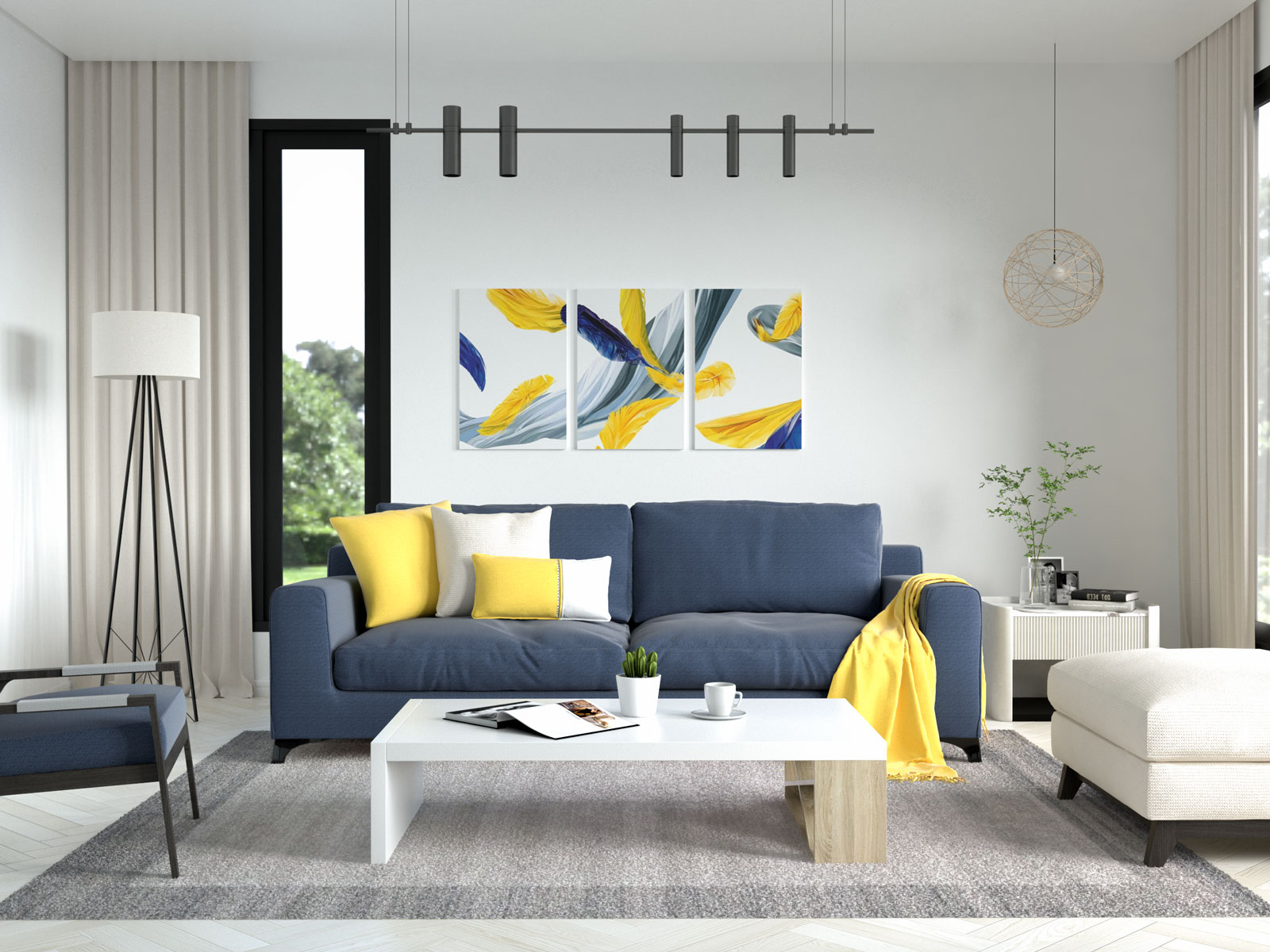 grey navy and mustard living room