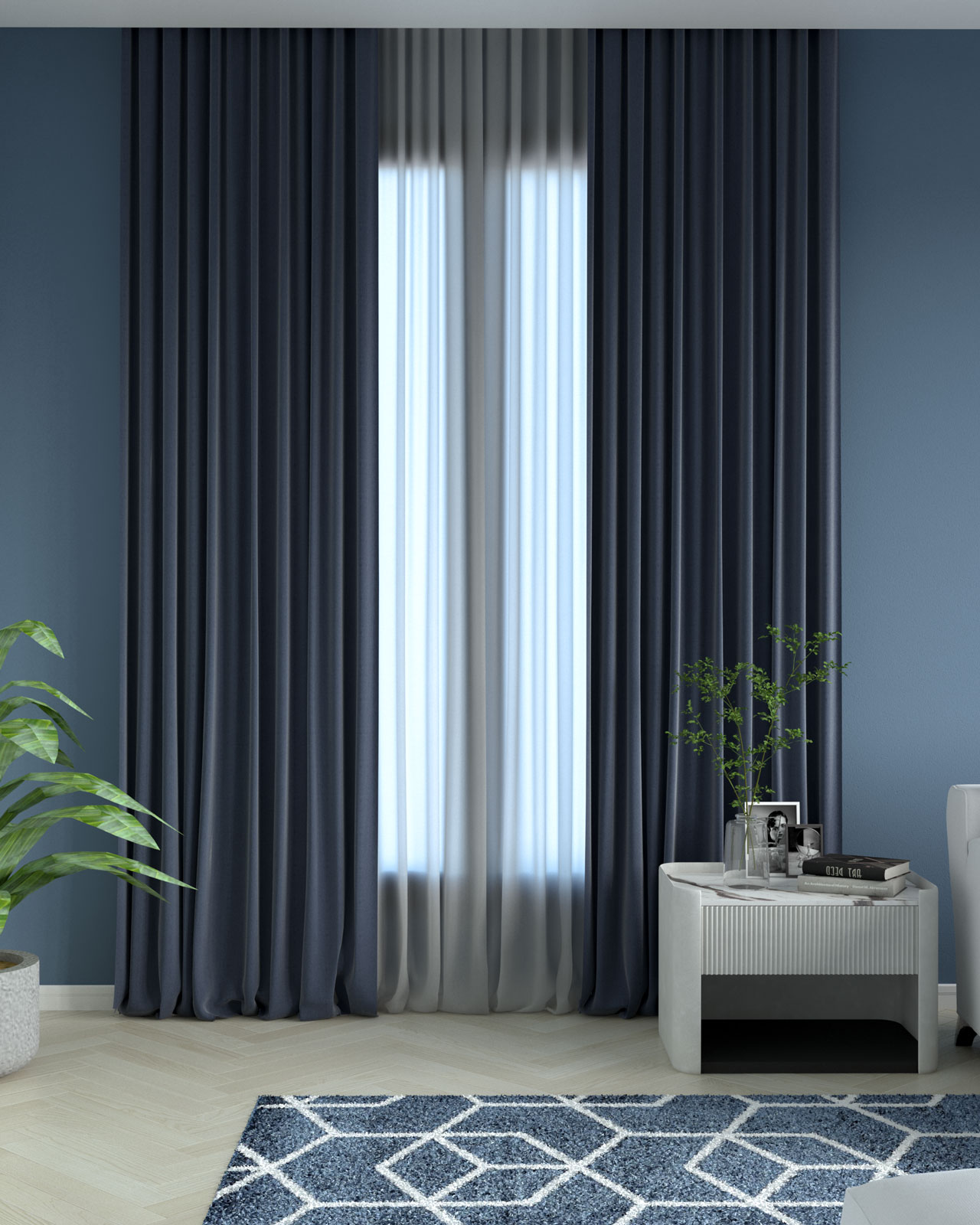 navy blue curtains grey walls