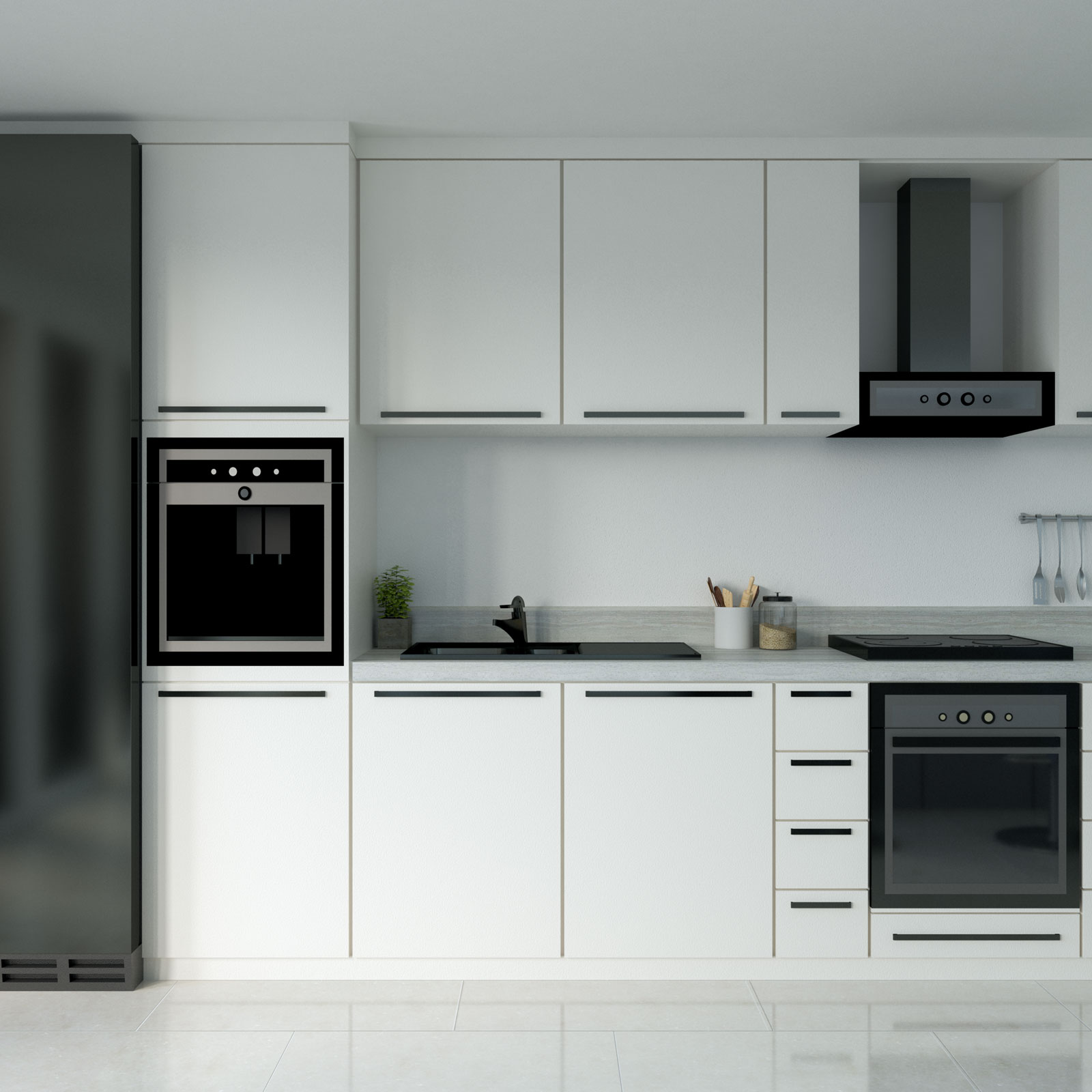 Warm white cabinets with black kitchen appliances