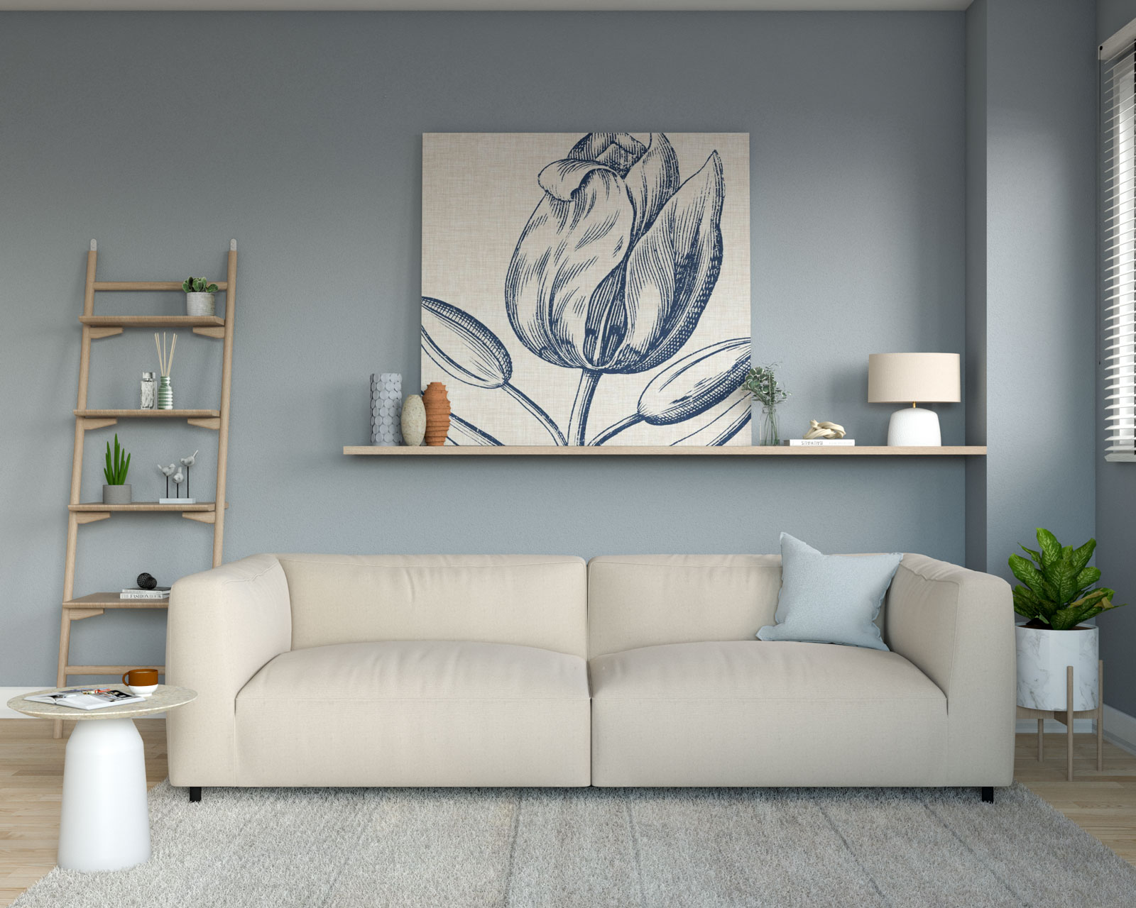 beige sofa blue walls