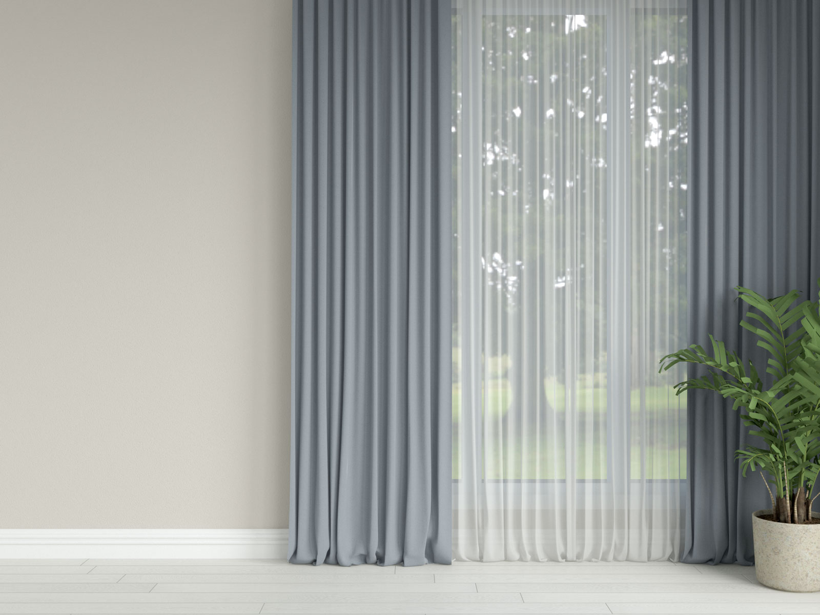 Blue-gray curtains with greige wall