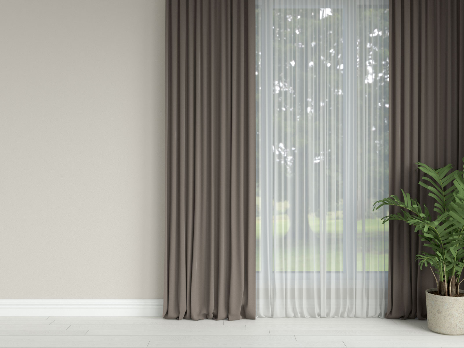 Dark brown curtains with greige wall