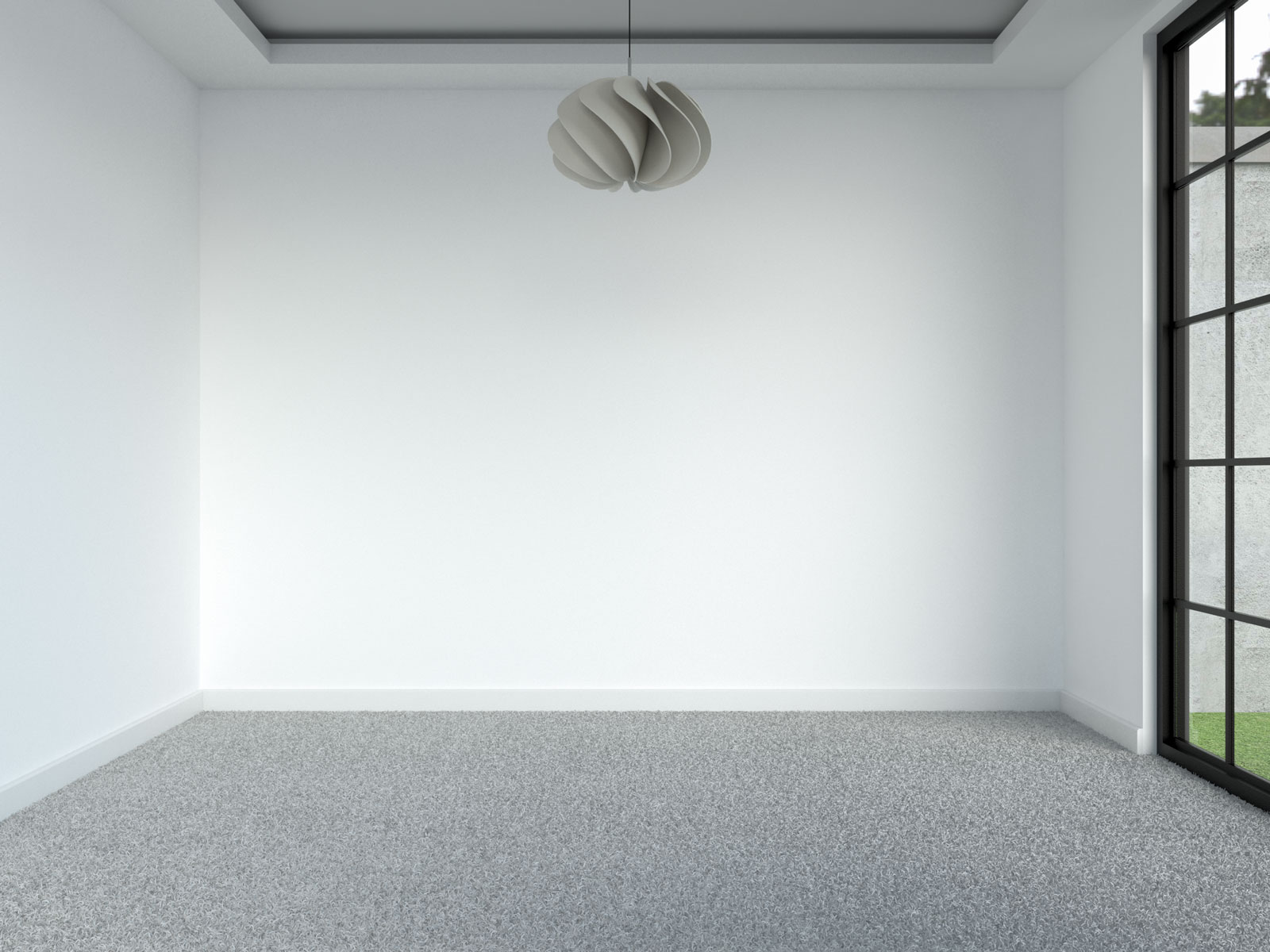 Pure white walls with gray carpet floors
