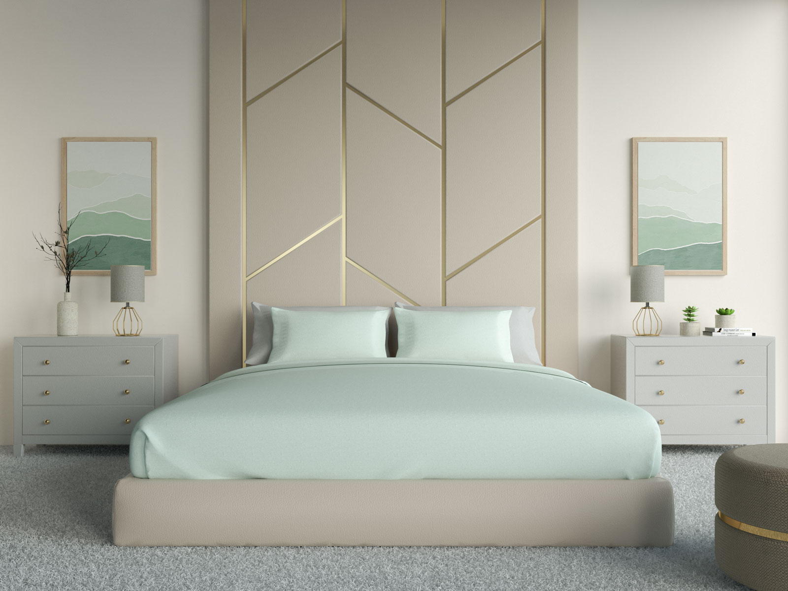 Bedroom ideas with mint green bedding and beige headboard