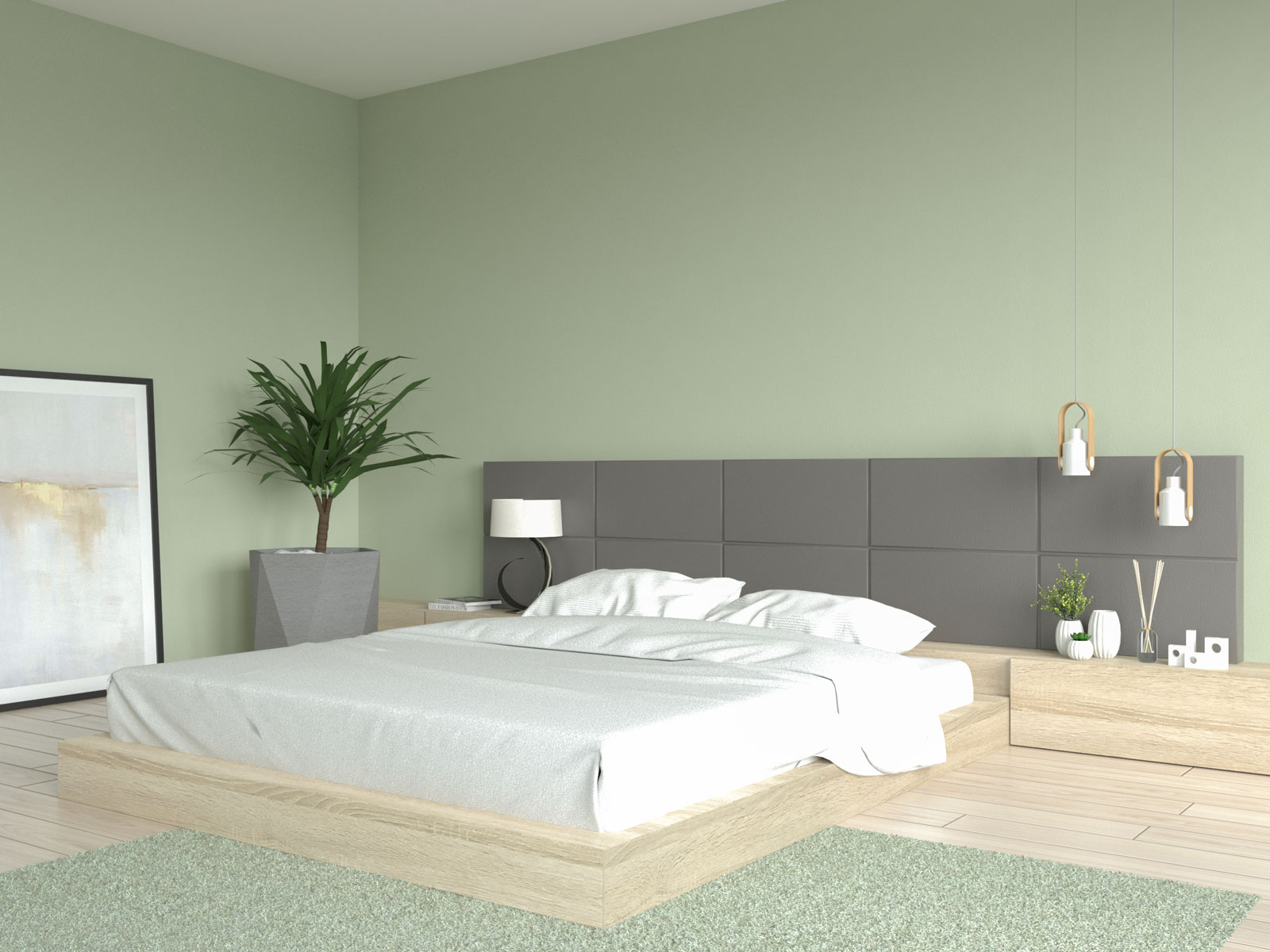 White bedding with sage green walls