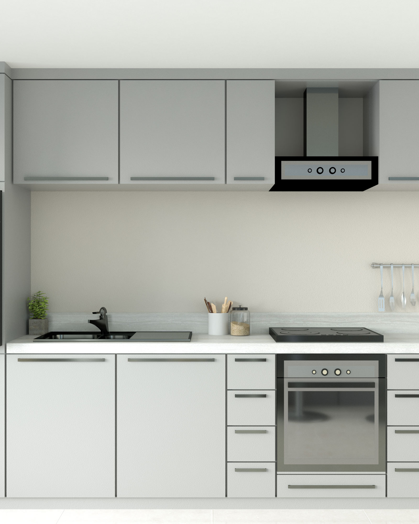 greige wall with gray kitchen cabinets