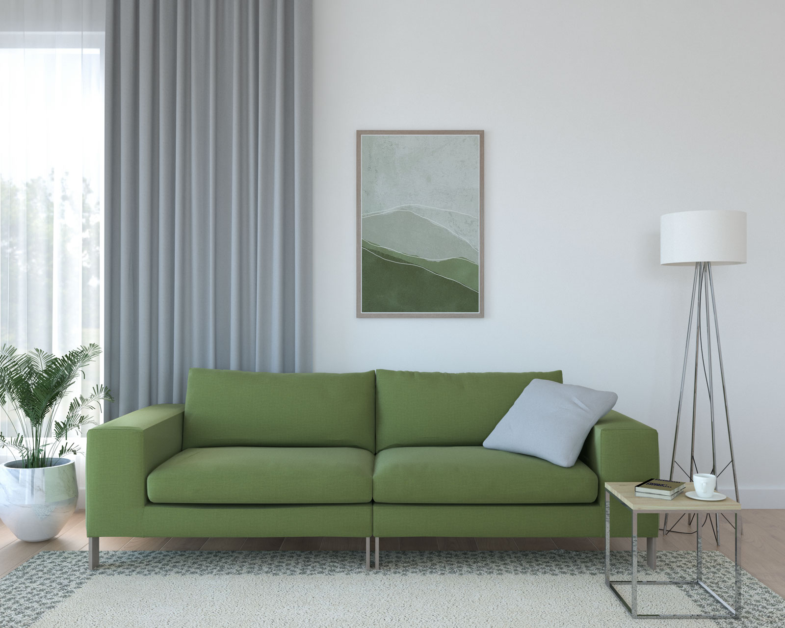 Light gray curtains with olive green couch