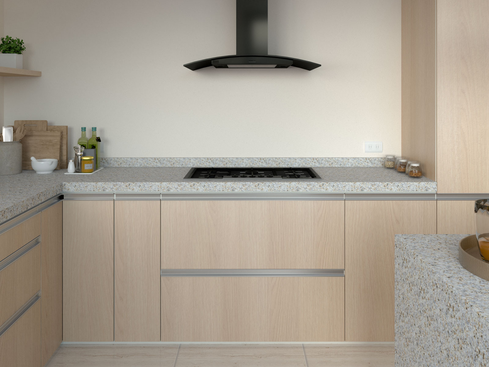 White sardinia granite countertops with oak kitchen cabinets