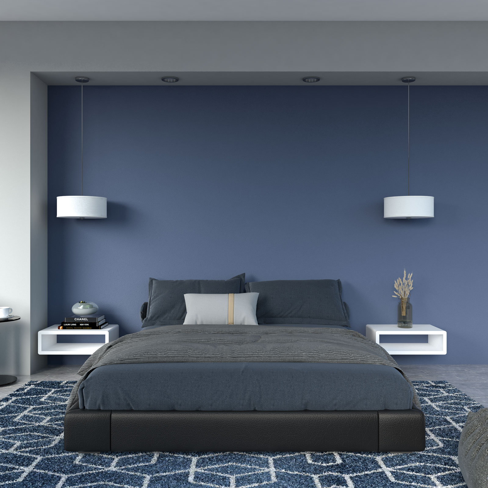 Bedroom ideas with blue walls and dark blue bedding