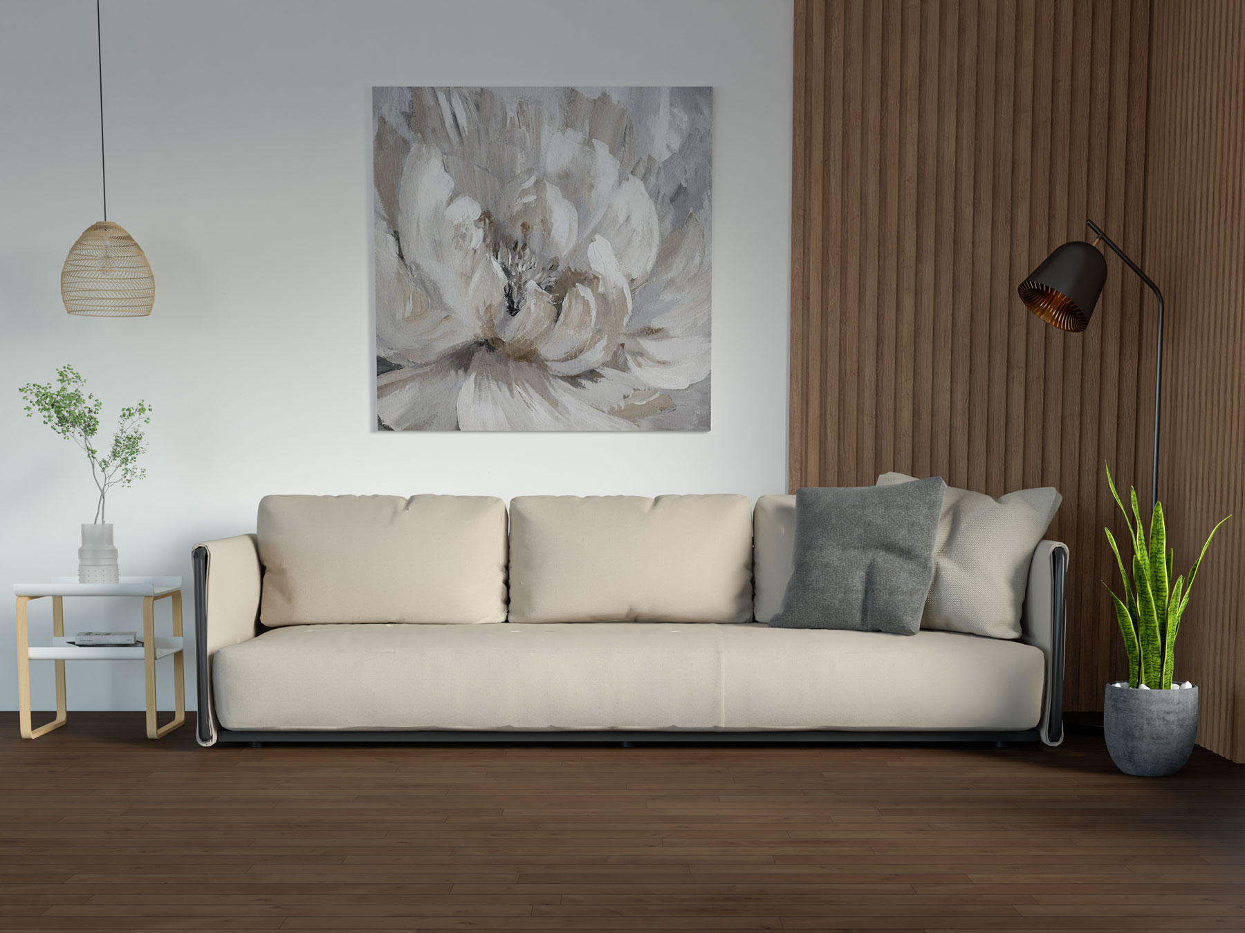 Light brown couch with dark wood flooring
