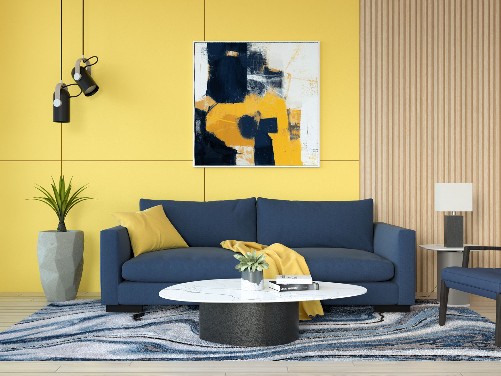 Living room with blue couch and mustard wall