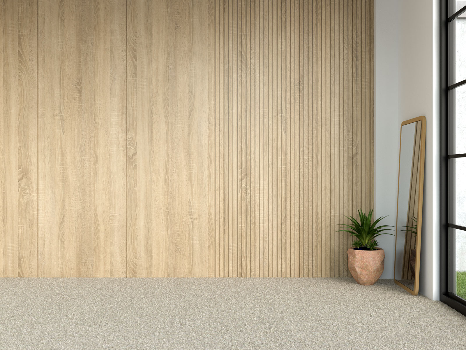 Beige carpet flooring with wood wall