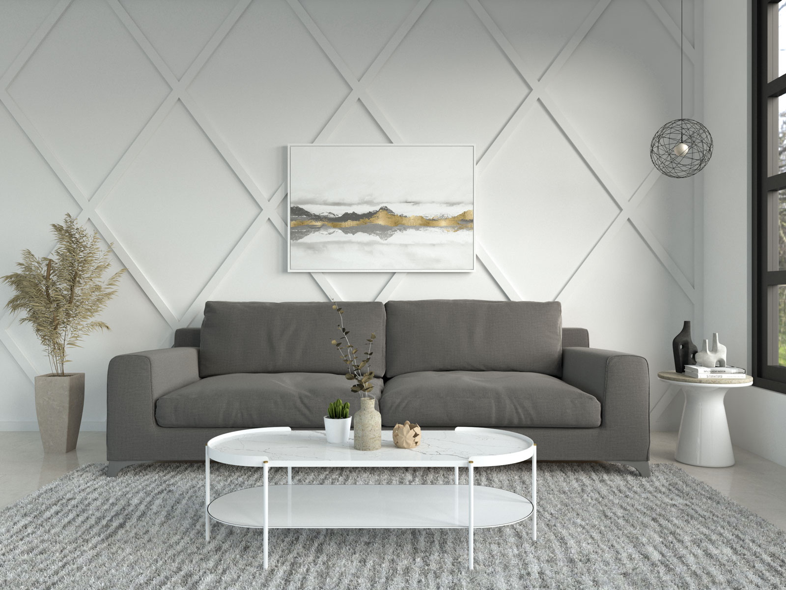 Contemporary living room with gray sofa